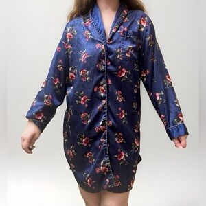 Vintage Sleep Club Blue Floral Sleep Shirt Nightgown Pajama Button Large